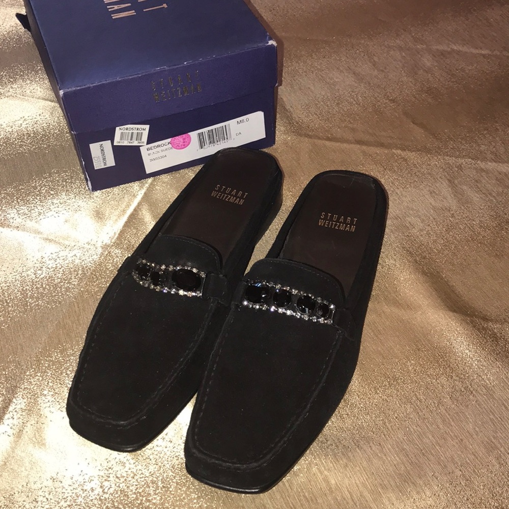 Stuart Weizmann Black Suede and Rhinestone Flat
